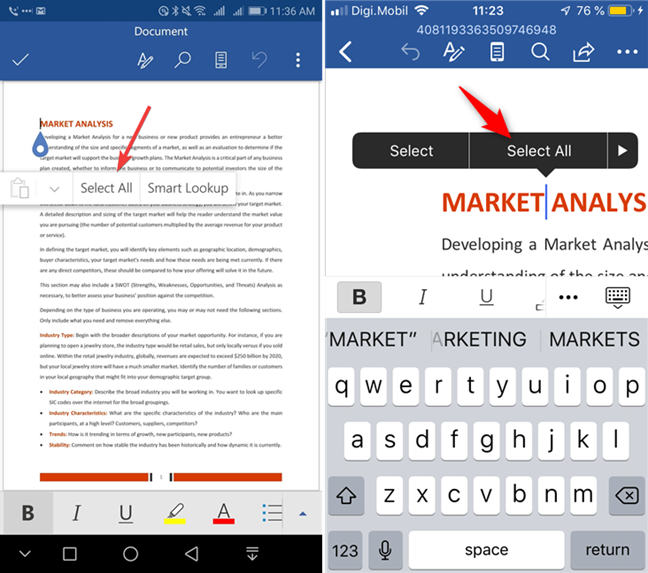 Select All in Microsoft Word for Android and iOS