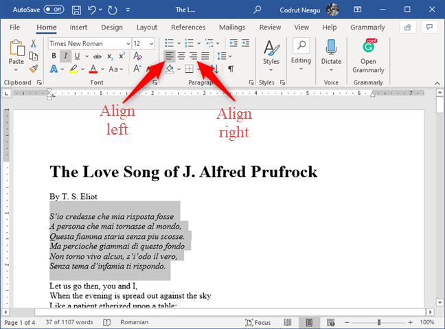 What are 4 ways to align your text in a document?