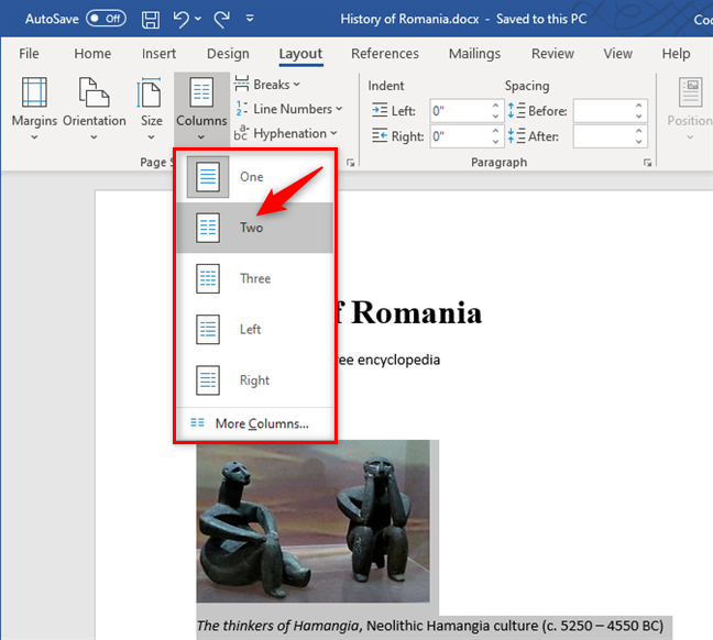 Creating two columns in a Word document