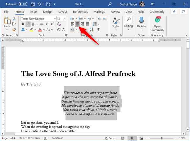 The Center button from the Paragraph section in Microsoft Word