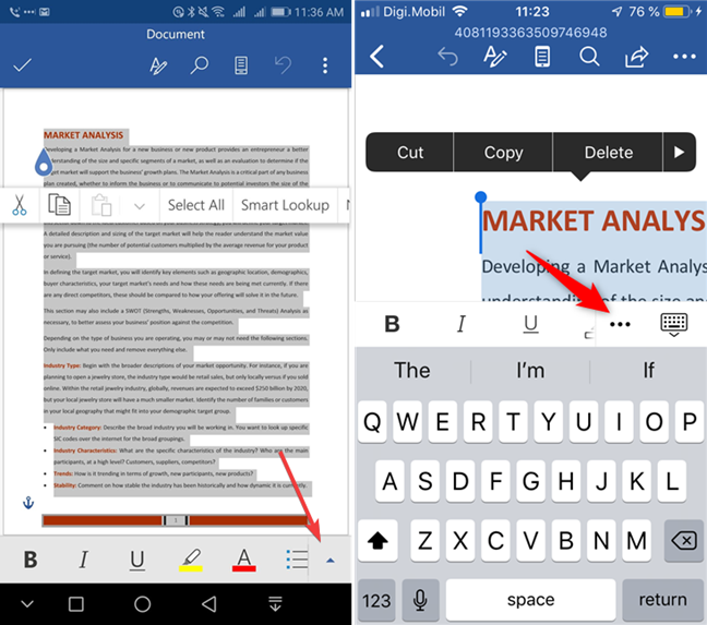 Open the menu in Microsoft Word for Android and iOS