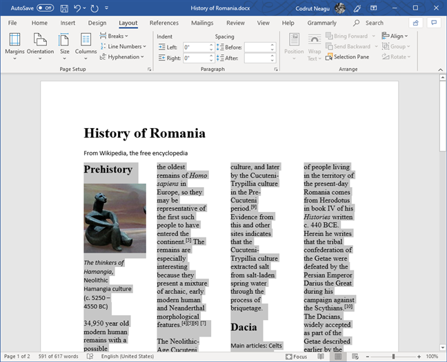 Text from a Word document, split into four columns