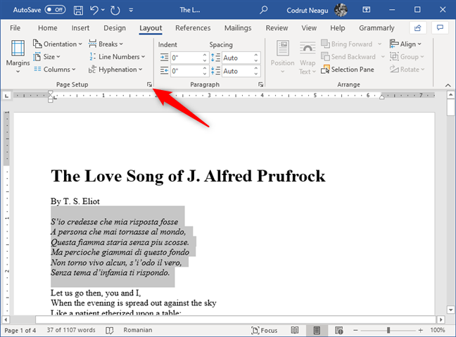 The Dialog Box Launcher button from the Page Setup section in Word