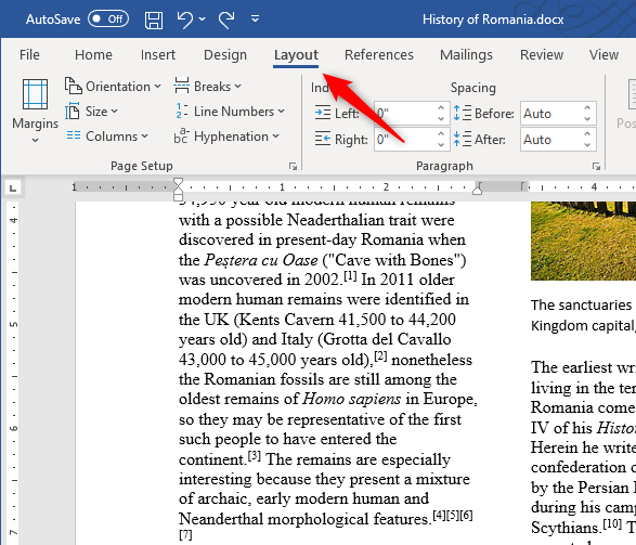 The Layout tab from Word's ribbon interface