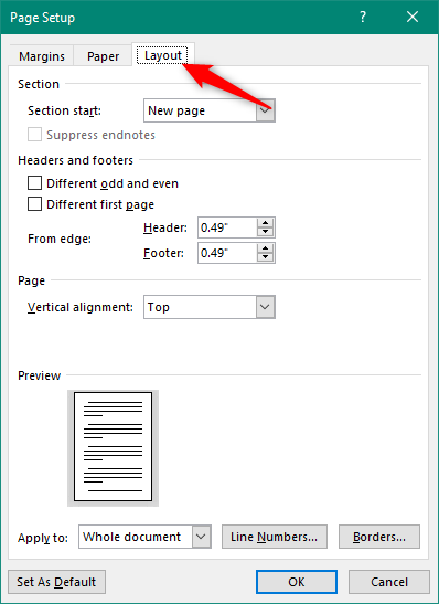 The Layout tab from the Page Setup window in Microsoft Word