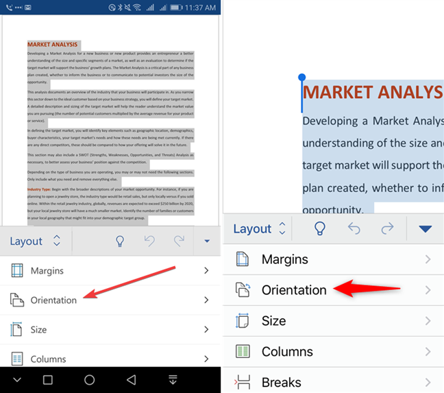 Select Orientation in Microsoft Word for mobile