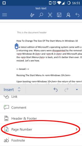 Android, Microsoft Word, insert, footers, headers, page numbers, documents