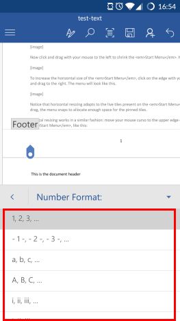 Android, Microsoft Word, insert, footers, headers, page numbers, documents