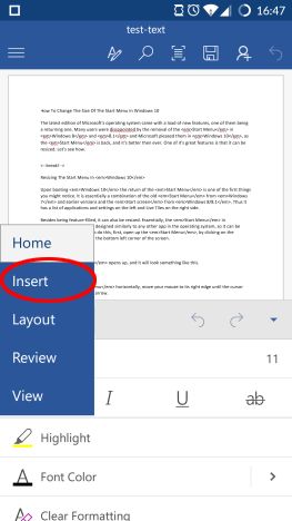 Android, Microsoft Word, insert, footers, headers, page numbers, documents
