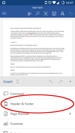 Android, Microsoft Word, insert, footers, headers, page numbers, documents