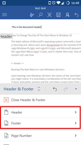 Android, Microsoft Word, insert, footers, headers, page numbers, documents