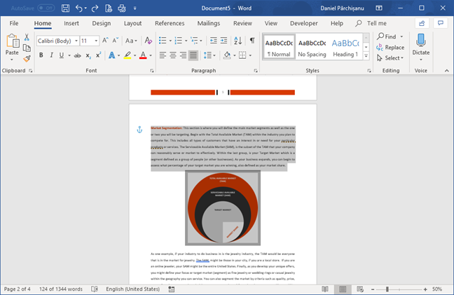 Select content for a page orientation change in Microsoft Word