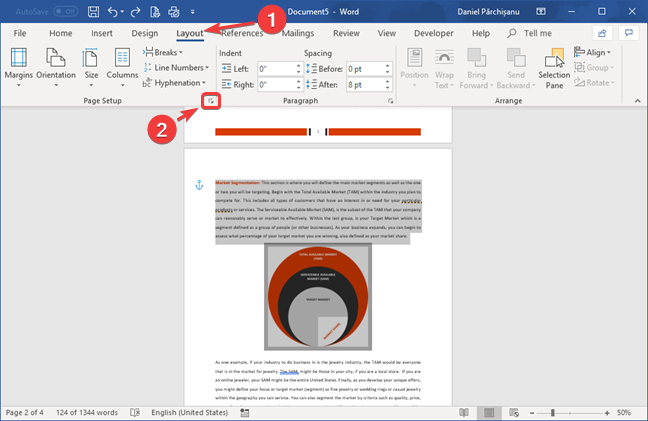 Open Page Setup window from the Layout tab in Microsoft Word