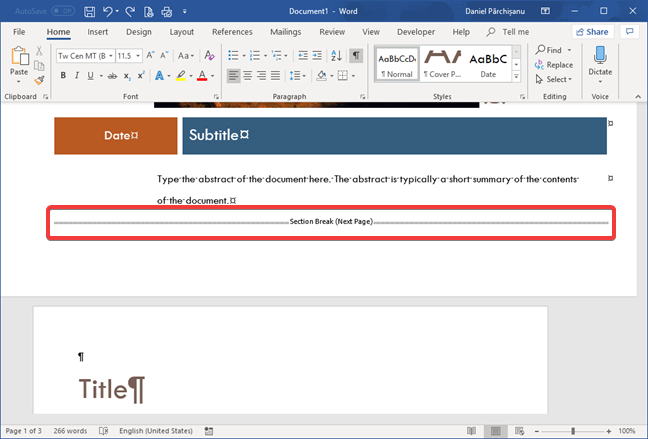 Section break (Next page) in Microsoft Word