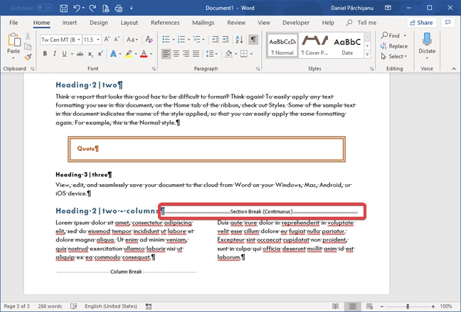 Section break (Continuous) in Microsoft Word