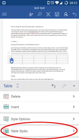 Microsoft Word, Android, documents, tables, insert, edit, style