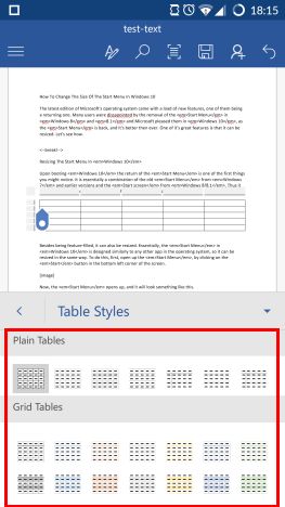 Microsoft Word, Android, documents, tables, insert, edit, style