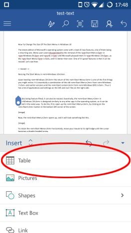 Microsoft Word, Android, documents, tables, insert, edit, style