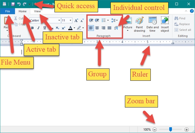 The WordPad user interface elements