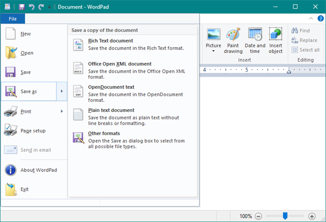 The File menu in WordPad