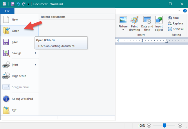 Open a document in WordPad