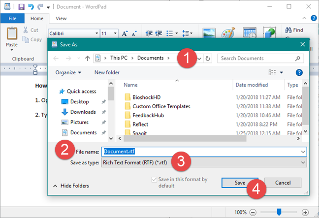 Saving a WordPad document