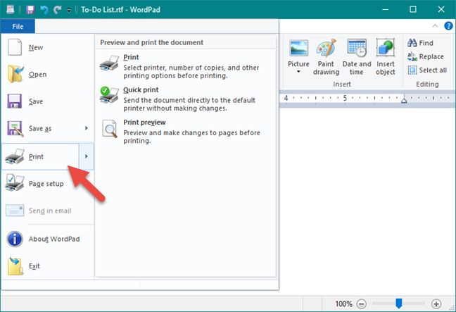 Printing documents from WordPad