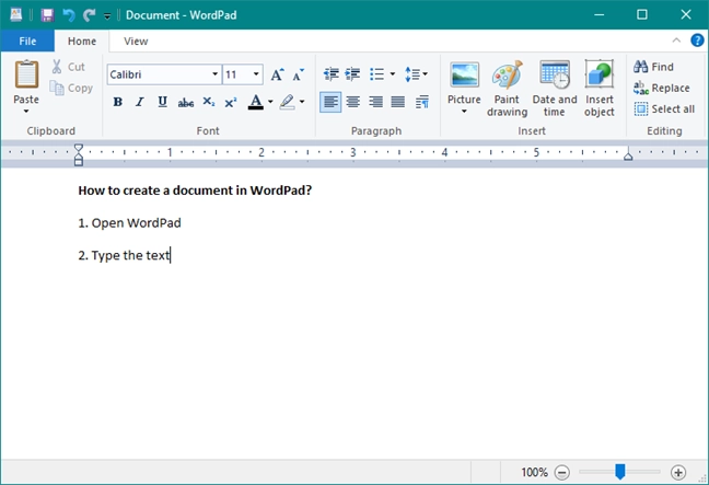 Writing text in WordPad