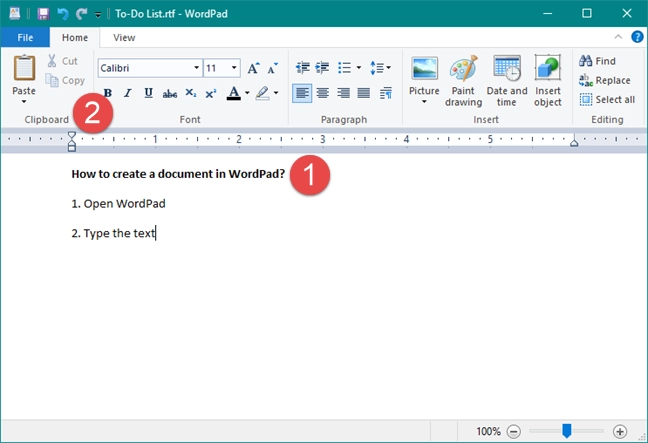 The Home tab in WordPad