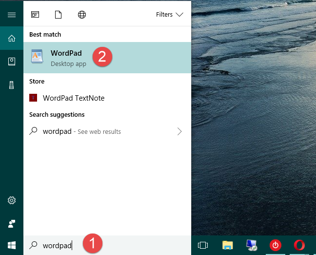 Searching for WordPad in Windows 10