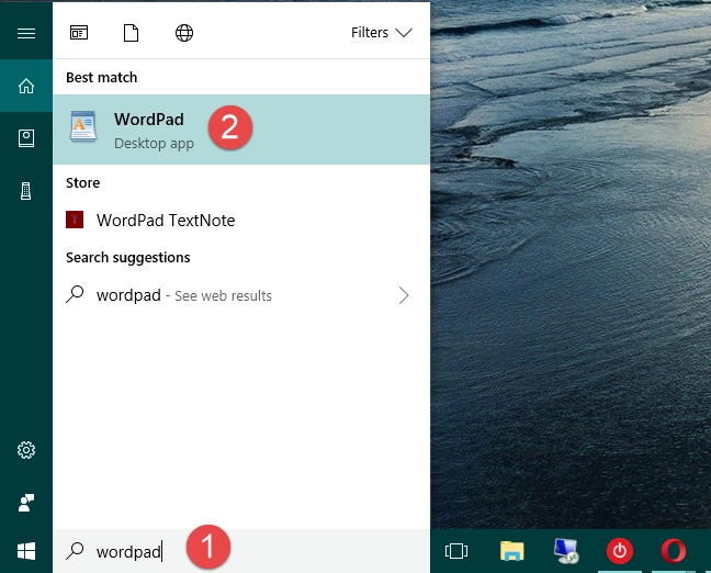 Searching for WordPad in Windows 10