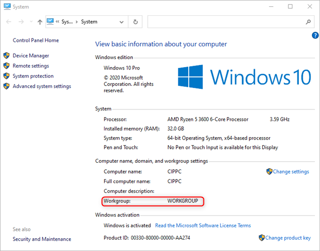 View the Windows 10 workgroup in the Control Panel