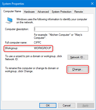 Press the Change button to modify the workgroup