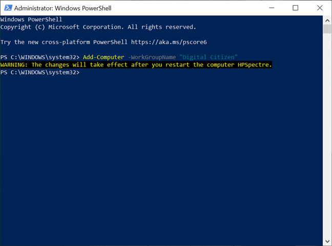 Enter the command in PowerShell to change the workgroup