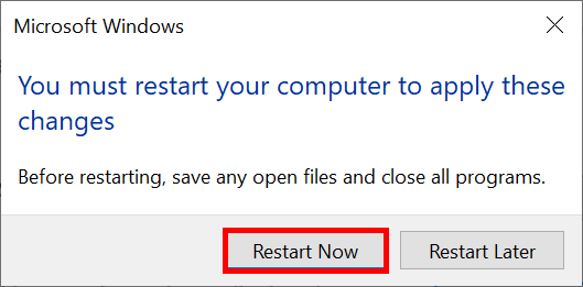 Restart Now to finish changing the workgroup in Windows 10