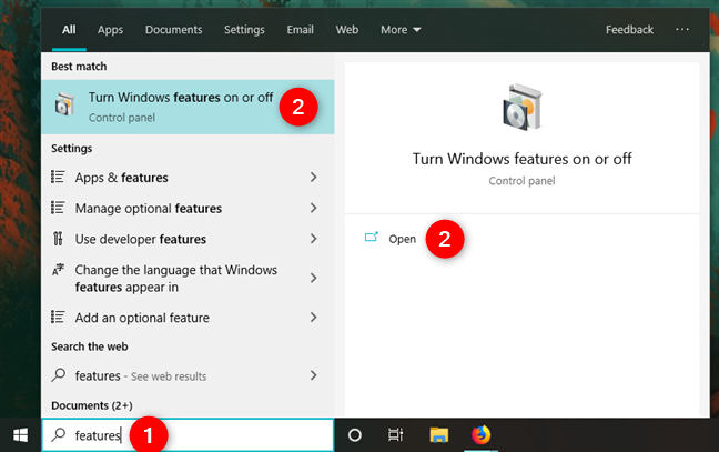 Opening the Windows Features in Windows 10