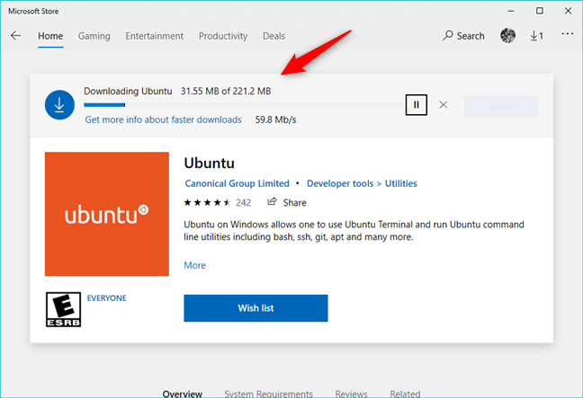 Downloading a Linux distribution from the Microsoft Store