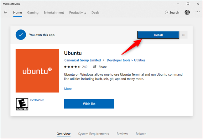 Installing a Linux distribution from the Microsoft Store