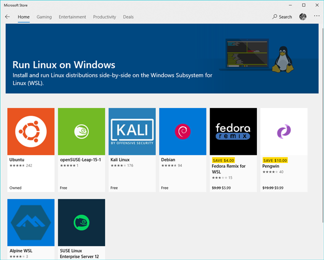 The Linux distributions available in the Microsoft Store