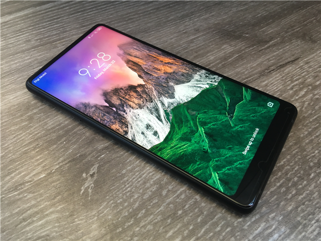 A perspective of the Xiaomi Mi Mix 2 with its screen on