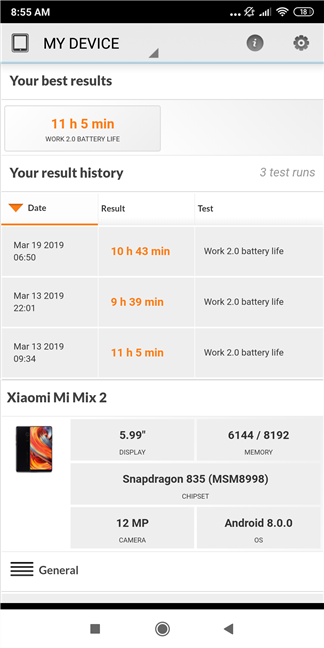 Xiaomi Mi Mix 2 in PCMark Work 2.0 battery life