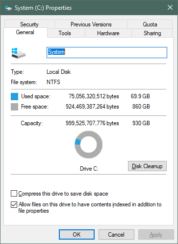 The storage capacity of the ADATA XPG Gammix S50 reported by Windows 10