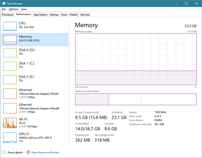 Memory usage and information are shown in Task Manager