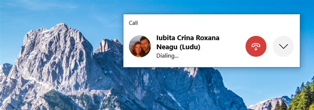 A phone call started from Your Phone on Windows 10