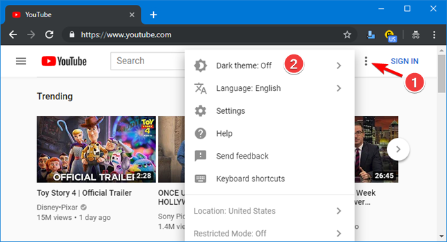 Open Dark theme settings in YouTube, without signing in