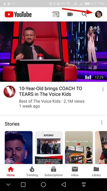 Tap the user account button in YouTube for Android