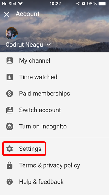 Open Settings for the YouTube app for iOS