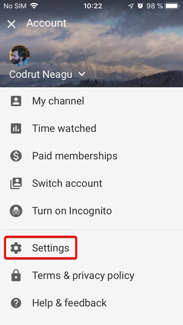 Open Settings for the YouTube app for iOS