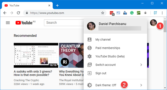 Open the Account menu for YouTube in your browser