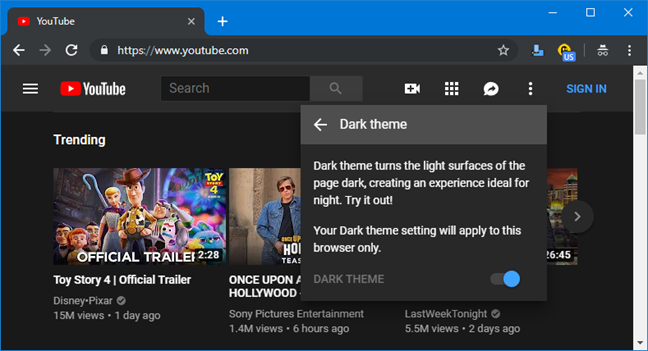 The Dark theme enabled for YouTube